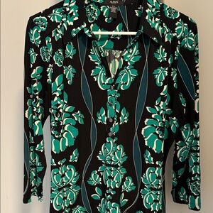 Alfani Women's Black and Teal Floral Button Down Shirt
